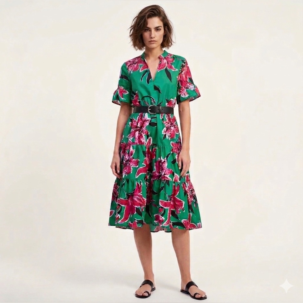 ZARA floral print belted midi dress .